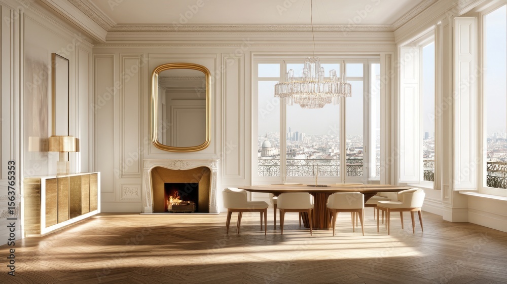 Fototapeta premium A grand dining room with panoramic city views.