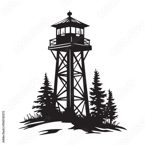 Fire Lookout Tower silhouette, Wooden Observation Tower with Stairs and Fence, Lookout tower silhouette, 