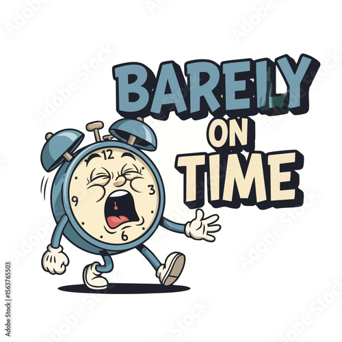 Cartoon Style Illustration of Alarm Clock Running Late and Exhausted