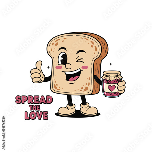 Retro Cartoon Bread Slice Character Holding Jam Jar Food Illustration