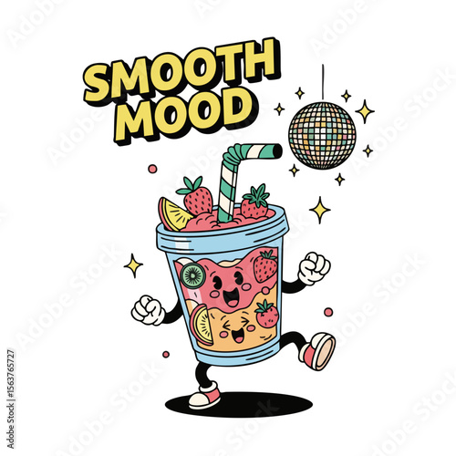 Vintage Handdrawn Smoothie Cocktail Character with Disco Ball Illustration