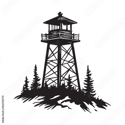 Fire Lookout Tower silhouette, Wooden Observation Tower with Stairs and Fence, Lookout tower silhouette, 