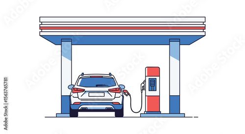 Modern SUV vehicle refueling at a gas station fuel pump with a hose delivering gasoline to the automobile in a stylized illustration