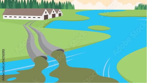 Landscape with a village house, a lake and a dirty water discharge. Vector illustration.