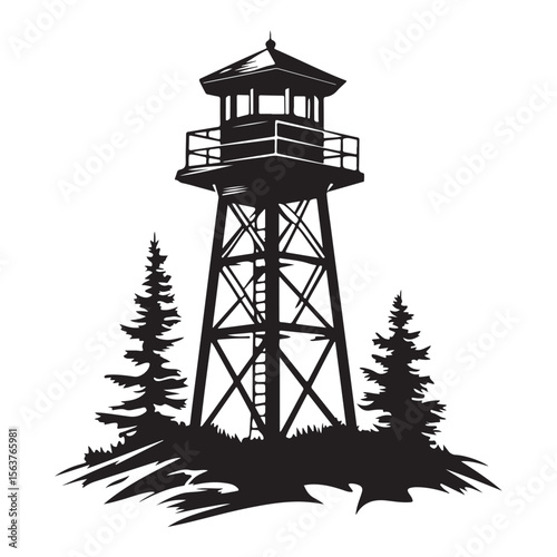 Fire Lookout Tower silhouette, Wooden Observation Tower with Stairs and Fence, Lookout tower silhouette, 