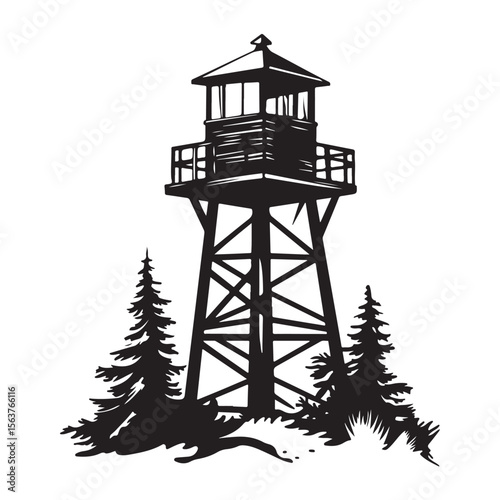 Fire Lookout Tower silhouette, Wooden Observation Tower with Stairs and Fence, Lookout tower silhouette, 