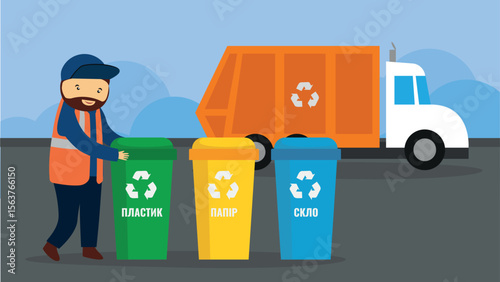 Garbage sorting service. Vector illustration in flat cartoon style. Garbage collection.