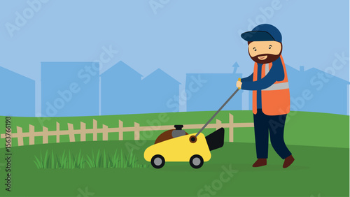 Gardener with a lawn mower on the background of the city