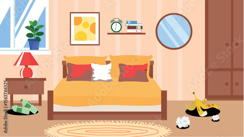 Bedroom interior vector illustration in flat style. Bedroom with furniture.