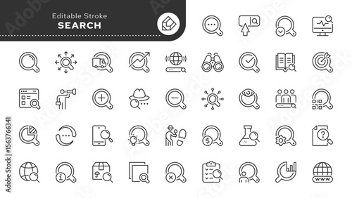 Search line icon set. Magnifying glass, research, analysis, monitoring, inspector, detective, seo, search bar, zoom, explore and more. Outline icon in linear style. Vector collection.	