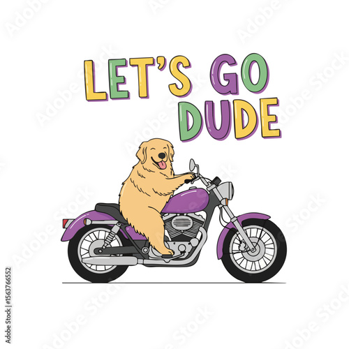 Cartoon Funny Golden Retriever Riding Motorcycle Illustration for Print and Apparel