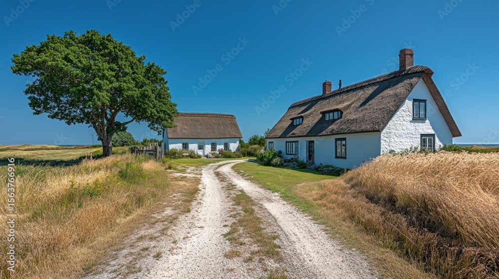 Fototapeta premium Coastal cottages, thatched roofs, sunny day
