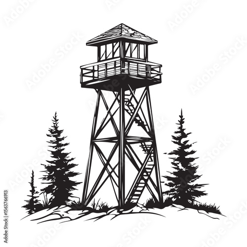 Fire Lookout Tower silhouette, Wooden Observation Tower with Stairs and Fence, Lookout tower silhouette, 