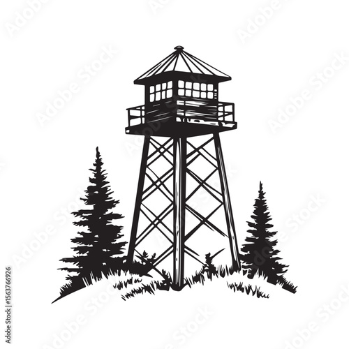 Fire Lookout Tower silhouette, Wooden Observation Tower with Stairs and Fence, Lookout tower silhouette, 
