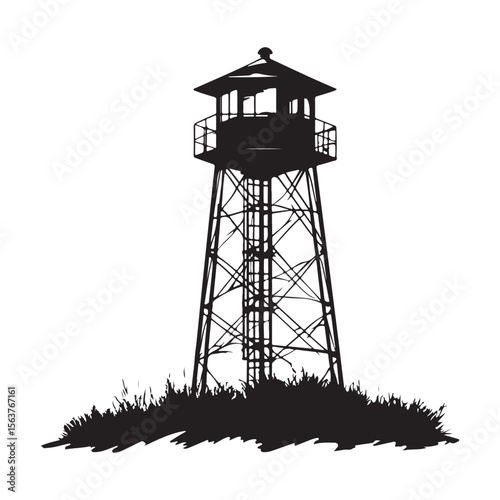 Fire Lookout Tower silhouette, Wooden Observation Tower with Stairs and Fence, Lookout tower silhouette, 