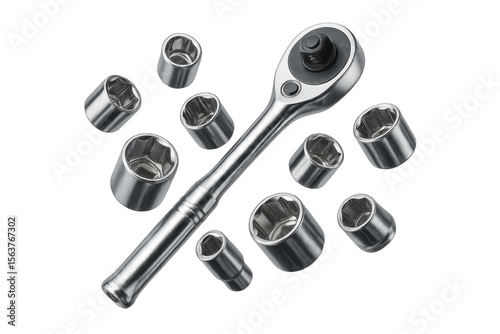 Bright chrome ratchet and socket set isolated on a transparent background