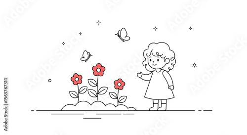 A charming little girl observing bright red flowers and fluttering butterflies in a delightful garden scene