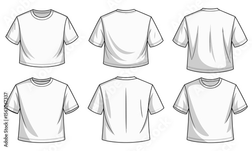 Blank white t-shirt template front, back, side view set, apparel mockup, realistic clothing design layout, vector fashion illustration, editable shirt model