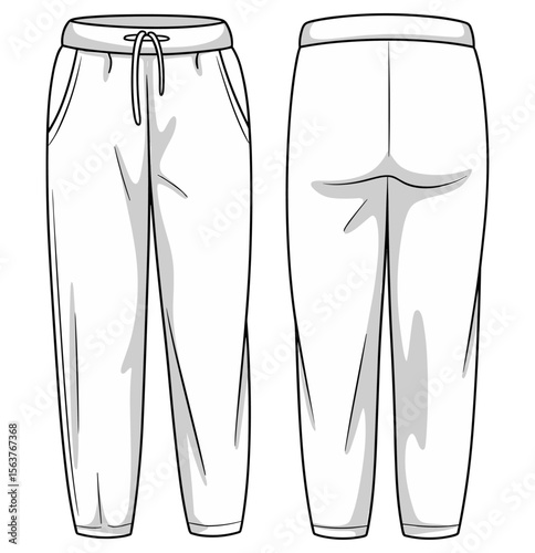 Front and back jogger pants technical fashion flat sketch, vector line drawing for clothing design, unisex casual wear, joggers template illustration.ai