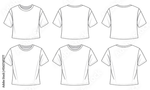 Blank white t-shirt template set, front and back view, crop and regular fit style, fashion apparel mockup design, isolated vector illustration