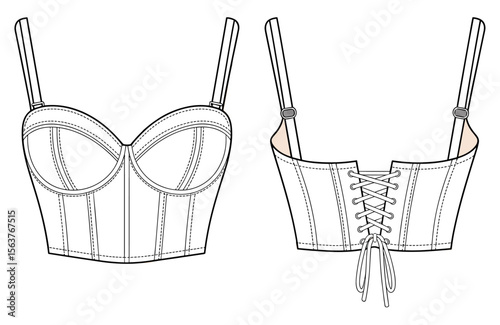 Fashionable women's lace-up corset top technical flat sketch, front and back view, trendy lingerie garment design illustration for apparel manufacturing and fashion industry