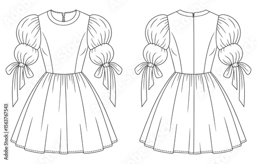Front and back view of puff sleeve dress fashion flat sketch with bows, round neck, and flared skirt for design template