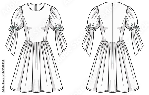 Fashion flat sketch of puff sleeve dress with bow tie, A-line silhouette, front and back view, technical drawing, vector illustration