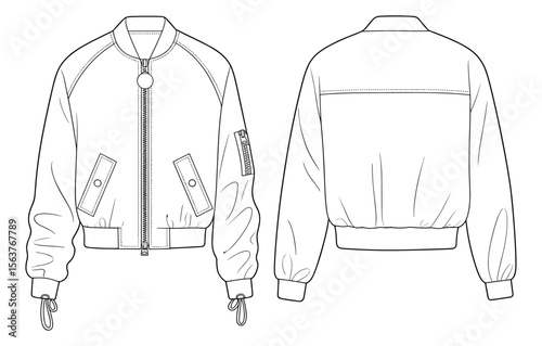 Bomber jacket technical fashion flat sketch front and back view, vector template for apparel design, clothing illustration, outerwear drawing