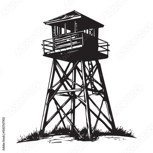 Fire Lookout Tower silhouette, Wooden Observation Tower with Stairs and Fence, Lookout tower silhouette, 