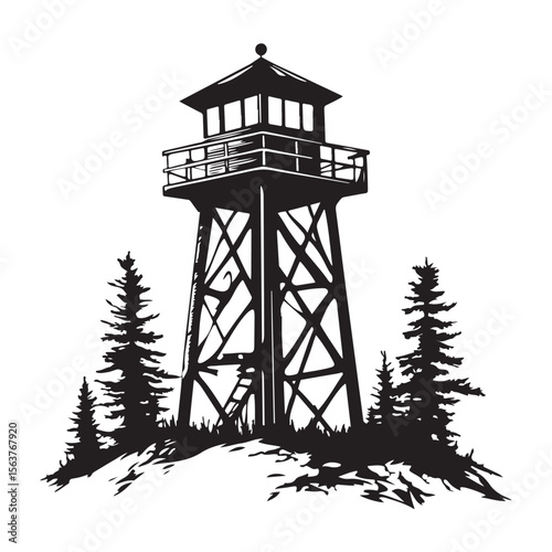 Fire Lookout Tower silhouette, Wooden Observation Tower with Stairs and Fence, Lookout tower silhouette, 