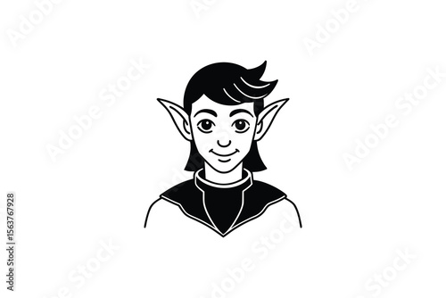 Elf Character Portrait Black and White Silhouette