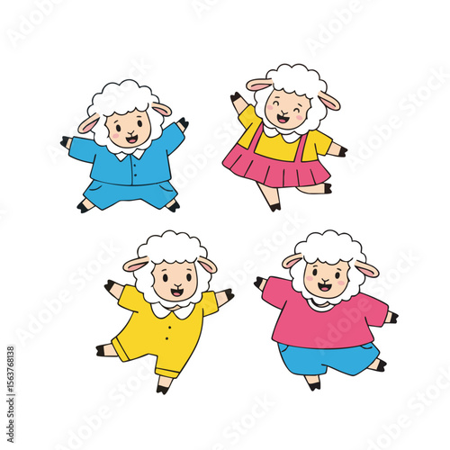 Cute Cartoon Style Cheerful Sheep Characters with Colorful Clothing Illustration