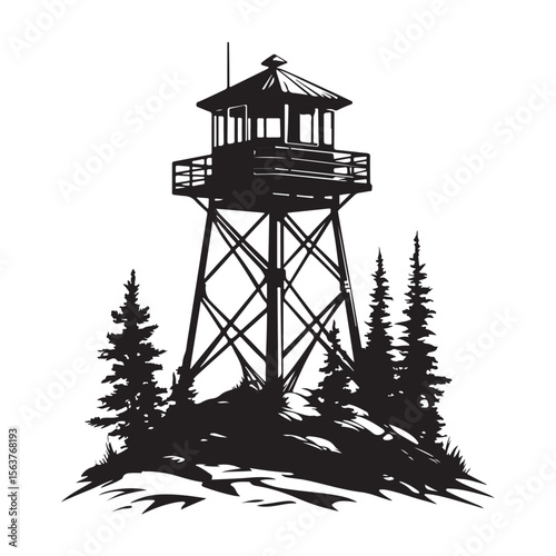 Fire Lookout Tower silhouette, Wooden Observation Tower with Stairs and Fence, Lookout tower silhouette, 