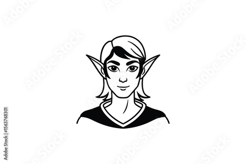 Elf Character Portrait Black and White Silhouette