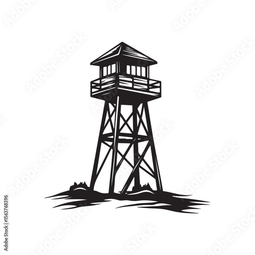 Fire Lookout Tower silhouette, Wooden Observation Tower with Stairs and Fence, Lookout tower silhouette, 