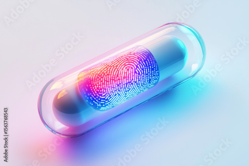  Futuristic digital capsule with fingerprint symbolizing personalized medicine. Digital pill concept. Future of hralth concept.