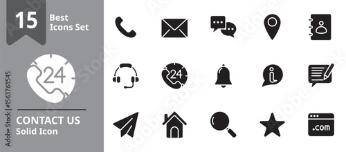 Solid icon set representing contact and customer support themes including phone, email, chat bubble, contact form, and location pin, ideal for websites, mobile apps,