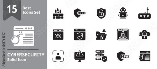 Cybersecurity icon set representing cybersecurity and data protection concepts including password, shield, firewall, malware, and secure login, suitable for websites, apps, and infographics.