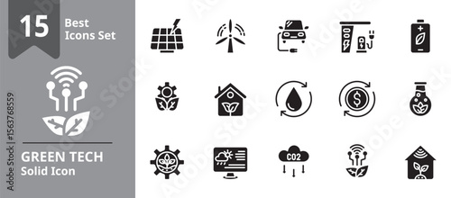Solid icon set illustrating green technology themes including solar panels, wind turbines, electric vehicles, recycling, and smart grid, ideal for sustainability-focused designs.