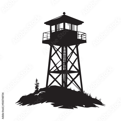 Fire Lookout Tower silhouette, Wooden Observation Tower with Stairs and Fence, Lookout tower silhouette, 