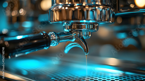 Close-up of espresso machine portafilter dispensing freshly brewed coffee, showcasing sleek chrome details and vibrant blue light.