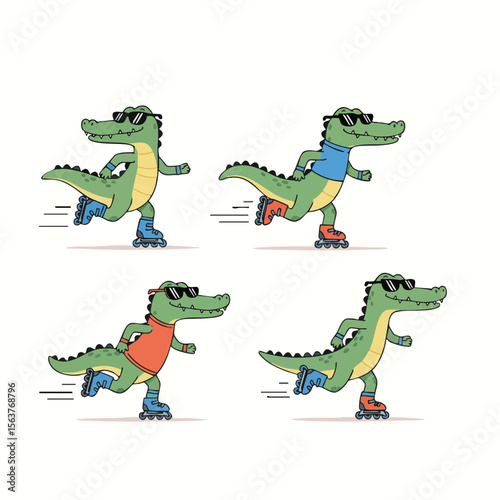Flat Style Illustration Alligator Character Wearing Roller Skate Various Outfit Design