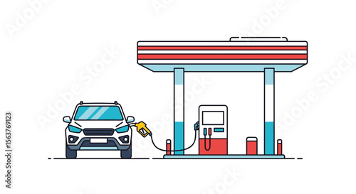 Modern White SUV Filling Up With Gasoline At A Clean Service Station With Red White Blue Canopy Detailed Illustration