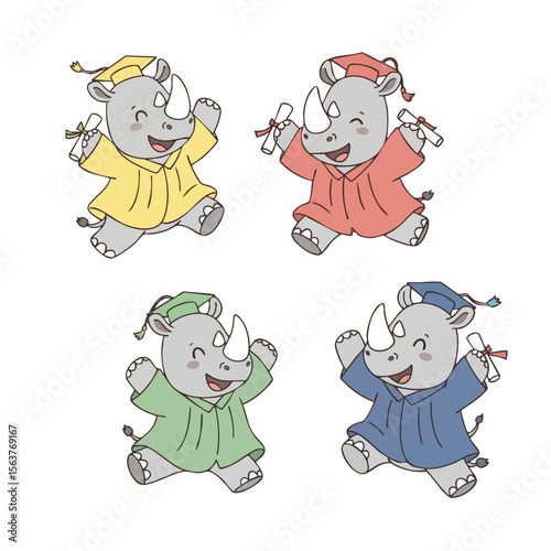 Cute Handdrawn Rhinoceros Graduation Cartoon Illustration with Different Colored Robes
