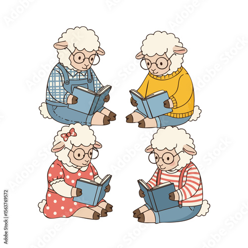Cute Cartoon Style Sheep Reading a Book Illustration Characters Set