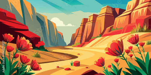 Vibrant stylized desert canyon landscape featuring red tulips blooming along a sandy path, showcasing warm sunset hues and a peaceful, optimistic mood.
