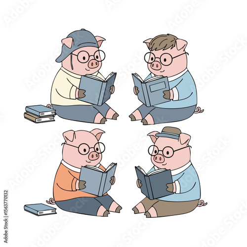 Cute Handdrawn Pig Character Reading Book Illustration Design Element