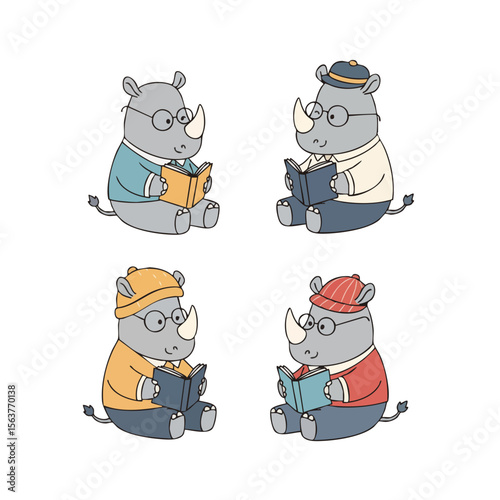 Cute Handdrawn Little Rhino Character with Hat and Book Illustration Set