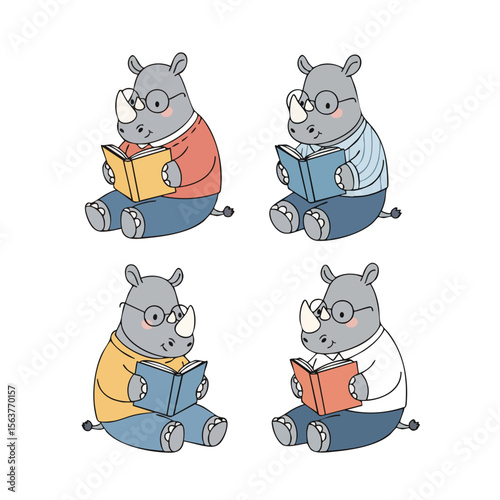 Cute Hand Drawn Rhinoceros Character Reading Book Set Illustration