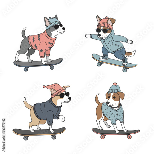 Cute Handdrawn Cartoon Dog Wearing Cloth Ride Skateboard Illustration Set